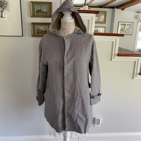 APC Navy Checkered Hooded Trench Coat Jacket Large - Picture 1 of 8
